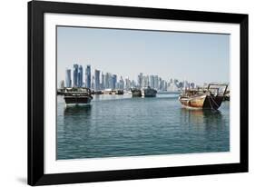 Downtown Doha with its Impressive Skyline of Skyscrapers and Authentic Dhows in the Bay-Matt-Framed Photographic Print