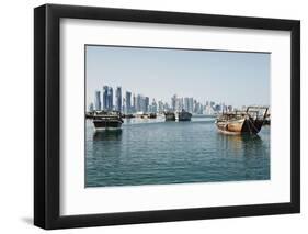 Downtown Doha with its Impressive Skyline of Skyscrapers and Authentic Dhows in the Bay-Matt-Framed Photographic Print