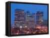 Downtown Highrise Buildings from The Forks at Dawn, Winnipeg, Manitoba-Walter Bibikow-Framed Stretched Canvas