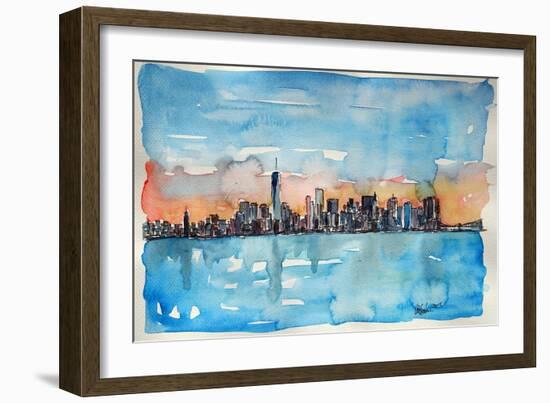 Downtown Manhattan Skyline At Dusk In Watercolor-Markus Bleichner-Framed Art Print