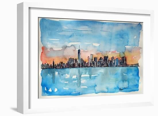 Downtown Manhattan Skyline At Dusk In Watercolor-Markus Bleichner-Framed Art Print