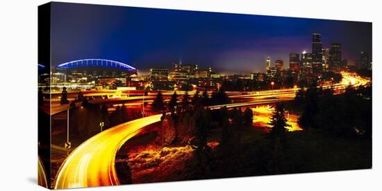 Downtown Seattle At Night with Freeways Passing Through-George Oze-Stretched Canvas