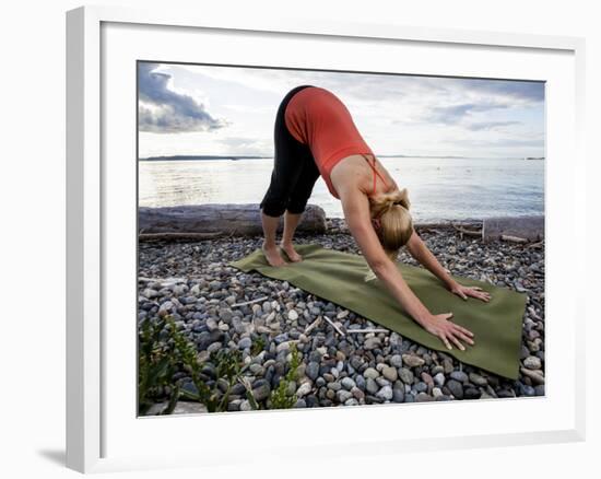 Downward Dog Yoga Pose on the Beach of Lincoln Park - West Seattle, Washington-Dan Holz-Framed Photographic Print