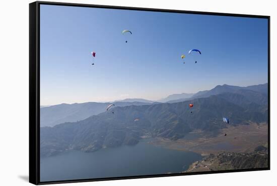 Dozens of Paragliders Enjoy Amazing Views of the Himalayas Above Phewa Lake, Nepal, Asia-Alex Treadway-Framed Stretched Canvas