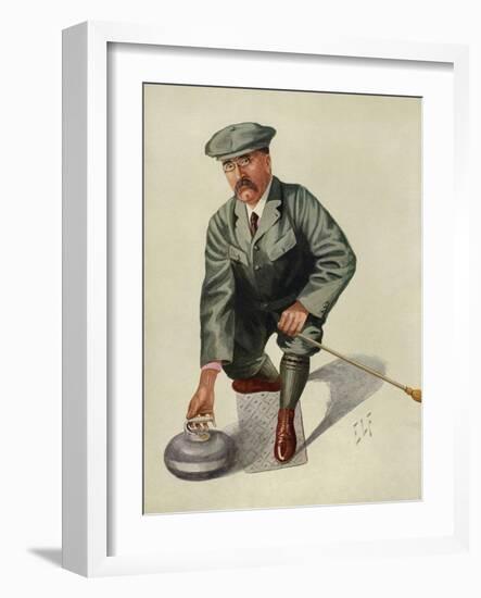 Dr H. S. Lunn a Noted Curling Player Crouches Down to Take His Shot-null-Framed Art Print