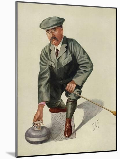 Dr H. S. Lunn a Noted Curling Player Crouches Down to Take His Shot-null-Mounted Art Print