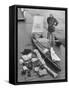 Dr. Hannes Lindemann Standing Next to the Folding Boat He Crossed the Atlantic Ocean In-Peter Stackpole-Framed Stretched Canvas