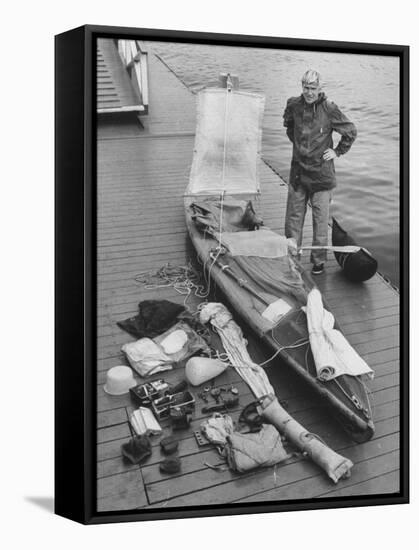 Dr. Hannes Lindemann Standing Next to the Folding Boat He Crossed the Atlantic Ocean In-Peter Stackpole-Framed Stretched Canvas