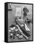 Dr. Hannes Lindemann Standing Next to the Folding Boat He Crossed the Atlantic Ocean In-Peter Stackpole-Framed Stretched Canvas