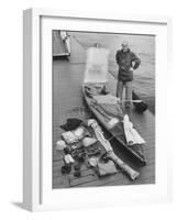 Dr. Hannes Lindemann Standing Next to the Folding Boat He Crossed the Atlantic Ocean In-Peter Stackpole-Framed Photographic Print