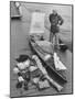 Dr. Hannes Lindemann Standing Next to the Folding Boat He Crossed the Atlantic Ocean In-Peter Stackpole-Mounted Photographic Print