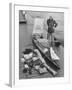 Dr. Hannes Lindemann Standing Next to the Folding Boat He Crossed the Atlantic Ocean In-Peter Stackpole-Framed Photographic Print