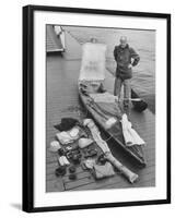 Dr. Hannes Lindemann Standing Next to the Folding Boat He Crossed the Atlantic Ocean In-Peter Stackpole-Framed Photographic Print