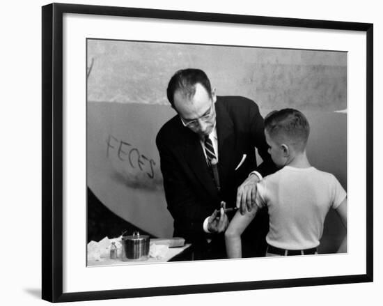 Dr. Jonas Salk Inoculating a Young Boy W. His New Polio Vaccine-null-Framed Premium Photographic Print