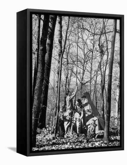 Dr. Liane Russell Camping with Husband Bill and Children in Woods Near their Home-Margaret Bourke-White-Framed Stretched Canvas