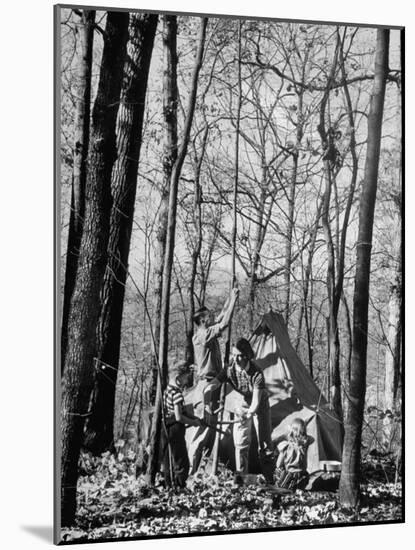 Dr. Liane Russell Camping with Husband Bill and Children in Woods Near their Home-Margaret Bourke-White-Mounted Photographic Print