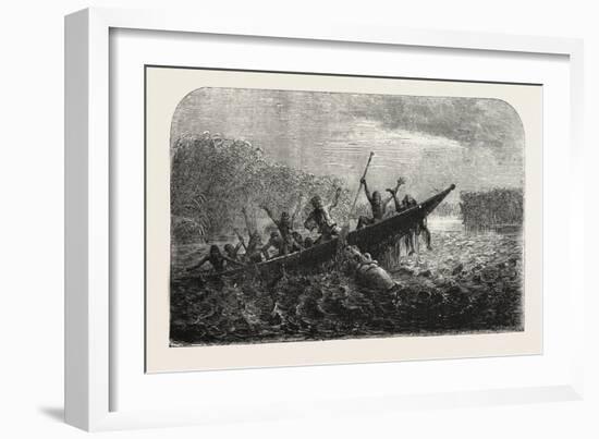 Dr. Livingstone's Missionary Travels and Researchers in South Africa: Boat Capsized by a Hippopotam-null-Framed Giclee Print