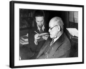 Dr. Sigmund Freud, Father of Psychoanalysis, Sitting with Man Who Is Taking Notes-null-Framed Premium Photographic Print