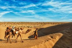 Travel Background - Two Cameleers (Camel Drivers) with Camels Silhouettes in Dunes of Desert on Sun-DR Travel Photo and Video-Framed Photographic Print