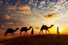 Travel Background - Two Cameleers (Camel Drivers) with Camels Silhouettes in Dunes of Desert on Sun-DR Travel Photo and Video-Framed Photographic Print