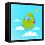 Dragon Flying in Sky Colorful Cartoon for Kids. Dragon Flying Fun Cute Cartoon with Clouds and Sun-Popmarleo-Framed Stretched Canvas