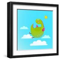 Dragon Flying in Sky Colorful Cartoon for Kids. Dragon Flying Fun Cute Cartoon with Clouds and Sun-Popmarleo-Framed Art Print