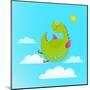 Dragon Flying in Sky Colorful Cartoon for Kids. Dragon Flying Fun Cute Cartoon with Clouds and Sun-Popmarleo-Mounted Art Print