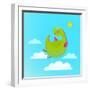 Dragon Flying in Sky Colorful Cartoon for Kids. Dragon Flying Fun Cute Cartoon with Clouds and Sun-Popmarleo-Framed Art Print