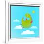 Dragon Flying in Sky Colorful Cartoon for Kids. Dragon Flying Fun Cute Cartoon with Clouds and Sun-Popmarleo-Framed Art Print