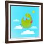 Dragon Flying in Sky Colorful Cartoon for Kids. Dragon Flying Fun Cute Cartoon with Clouds and Sun-Popmarleo-Framed Art Print