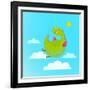 Dragon Flying in Sky Colorful Cartoon for Kids. Dragon Flying Fun Cute Cartoon with Clouds and Sun-Popmarleo-Framed Art Print