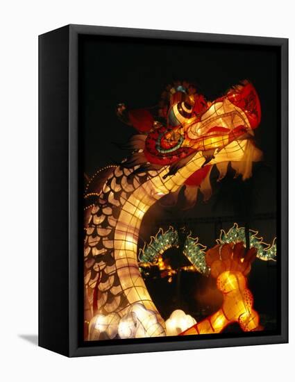 Dragon Lights at the Star Ferry Terminal on Chinese Takeover, Hong Kong, China, Asia-Alison Wright-Framed Stretched Canvas