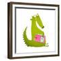 Dragon or Dinosaur Cartoon Reading Book. Cute Green Dino Sitting and Reading Book Wildlife Brightly-Popmarleo-Framed Art Print