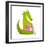 Dragon or Dinosaur Cartoon Reading Book. Cute Green Dino Sitting and Reading Book Wildlife Brightly-Popmarleo-Framed Art Print