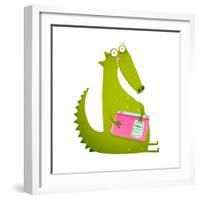 Dragon or Dinosaur Cartoon Reading Book. Cute Green Dino Sitting and Reading Book Wildlife Brightly-Popmarleo-Framed Art Print