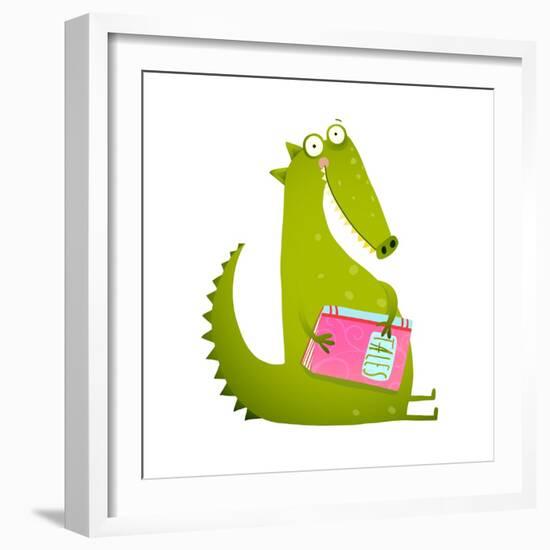 Dragon or Dinosaur Cartoon Reading Book. Cute Green Dino Sitting and Reading Book Wildlife Brightly-Popmarleo-Framed Art Print