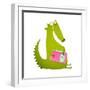 Dragon or Dinosaur Cartoon Reading Book. Cute Green Dino Sitting and Reading Book Wildlife Brightly-Popmarleo-Framed Art Print