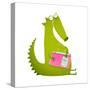 Dragon or Dinosaur Cartoon Reading Book. Cute Green Dino Sitting and Reading Book Wildlife Brightly-Popmarleo-Stretched Canvas