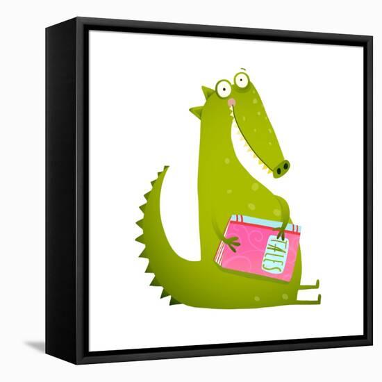 Dragon or Dinosaur Cartoon Reading Book. Cute Green Dino Sitting and Reading Book Wildlife Brightly-Popmarleo-Framed Stretched Canvas