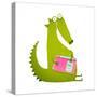 Dragon or Dinosaur Cartoon Reading Book. Cute Green Dino Sitting and Reading Book Wildlife Brightly-Popmarleo-Stretched Canvas