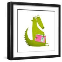 Dragon or Dinosaur Cartoon Reading Book. Cute Green Dino Sitting and Reading Book Wildlife Brightly-Popmarleo-Framed Art Print