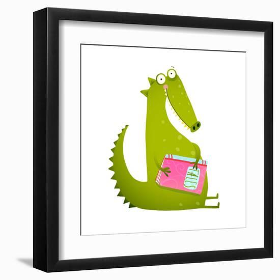 Dragon or Dinosaur Cartoon Reading Book. Cute Green Dino Sitting and Reading Book Wildlife Brightly-Popmarleo-Framed Art Print