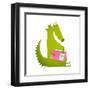 Dragon or Dinosaur Cartoon Reading Book. Cute Green Dino Sitting and Reading Book Wildlife Brightly-Popmarleo-Framed Art Print