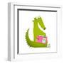 Dragon or Dinosaur Cartoon Reading Book. Cute Green Dino Sitting and Reading Book Wildlife Brightly-Popmarleo-Framed Art Print