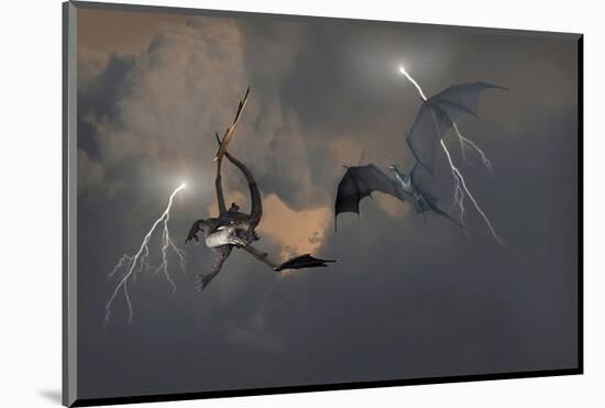 Dragons Air Battle & Lightning-null-Mounted Art Print