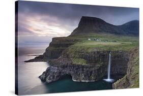 Dramatic Coastal Scenery at Gasadalur on the Island of Vagar, Faroe Islands. Spring-Adam Burton-Stretched Canvas