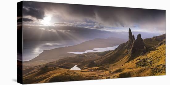 Dramatic Light on the Old Man of Storr, Isle of Skye, Scotland. Autumn (November)-Adam Burton-Stretched Canvas