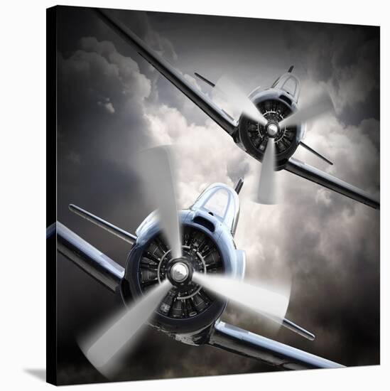 Dramatic Scene on the Sky: Vintage Fighter Plane Inbound from Sun-Kletr-Stretched Canvas