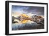 Dramatic sky at dawn over Mount Olstind covered with snow, Reine Bay, Nordland, Lofoten Islands-Roberto Moiola-Framed Photographic Print