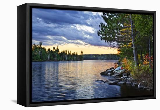 Dramatic Sunset and Pines at Lake of Two Rivers in Algonquin Park, Ontario, Canada-elenathewise-Framed Stretched Canvas